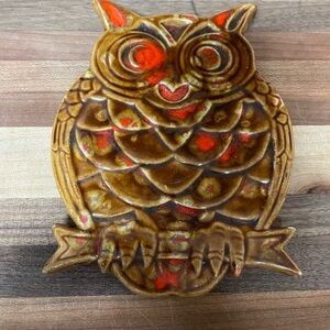 Vintage Treasure Craft Owl Spoon Rest – 1970s Brown & Orange